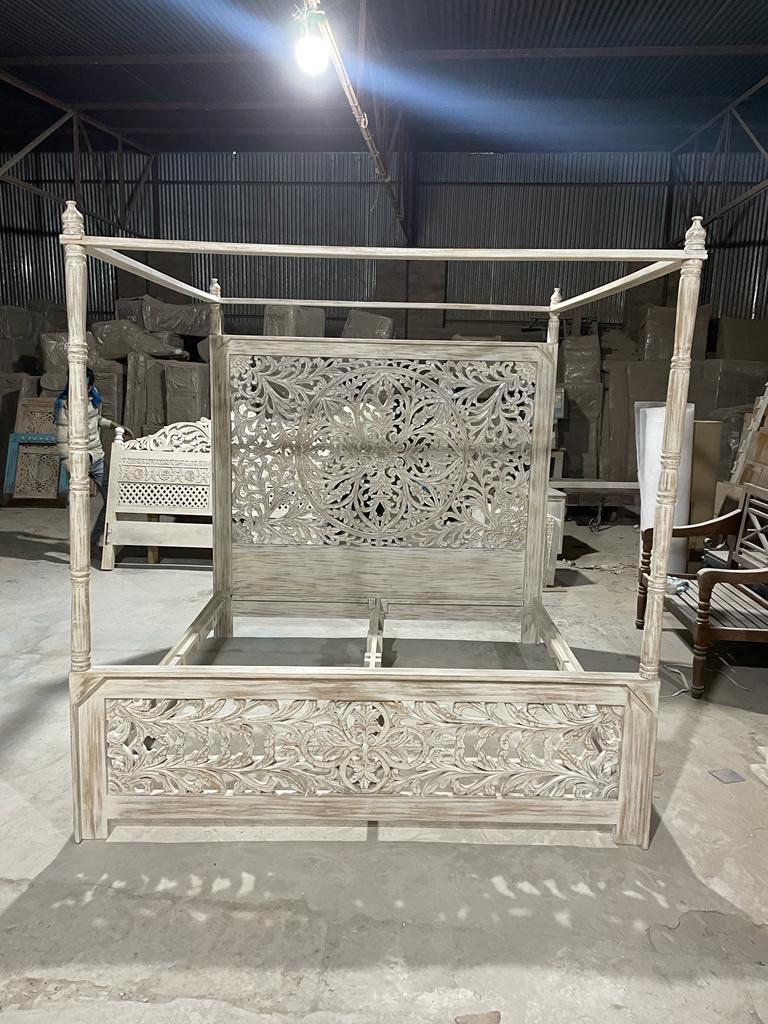 Indian Hand Carved wooden High Headboard Canopy Bed Frame