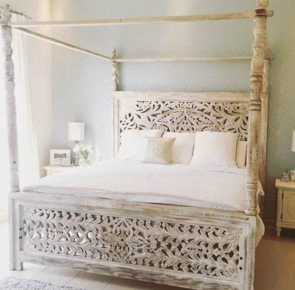 Indian Hand Carved wooden High Headboard Canopy Bed Frame