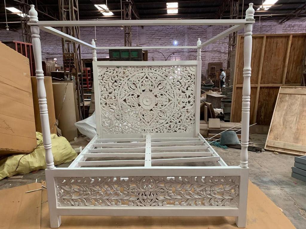 Indian Hand Carved wooden High Headboard Canopy Bed Frame