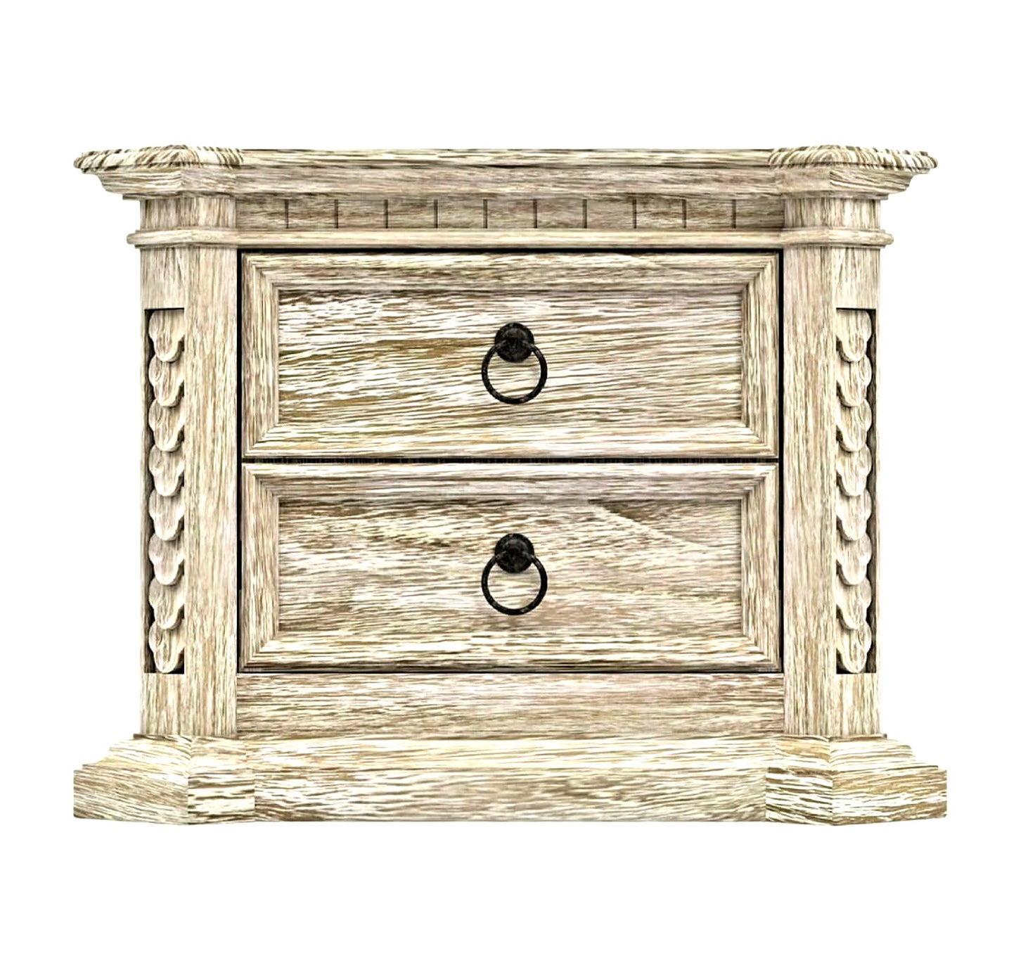 Nimbus Rustic Solid Wood Hand-Carved Nightstand With 2 Drawers