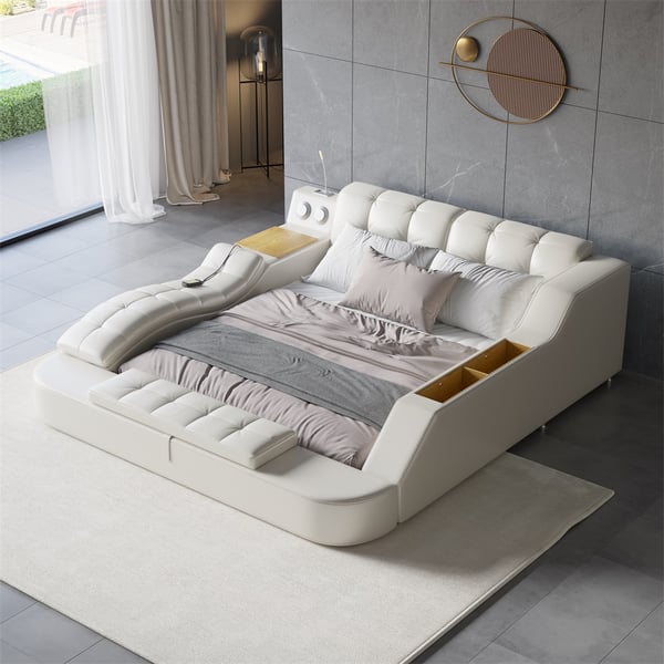 Sash Tufted Upholstered Platform Bed with Massage, Storage, Led Light & Speaker