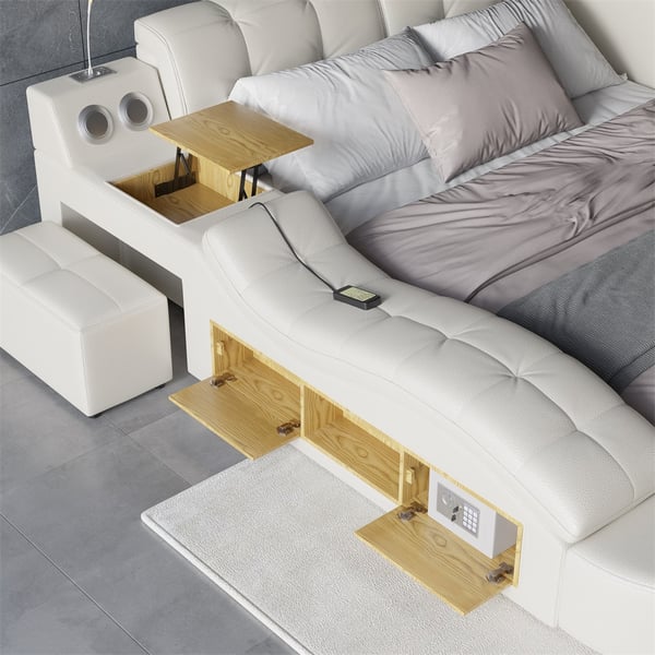 Sash Tufted Upholstered Platform Bed with Massage, Storage, Led Light & Speaker