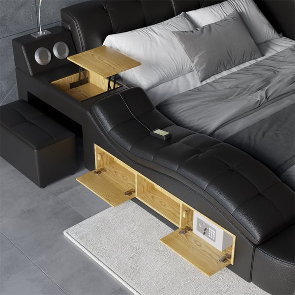 Sash Tufted Upholstered Platform Bed with Massage, Storage, Led Light & Speaker