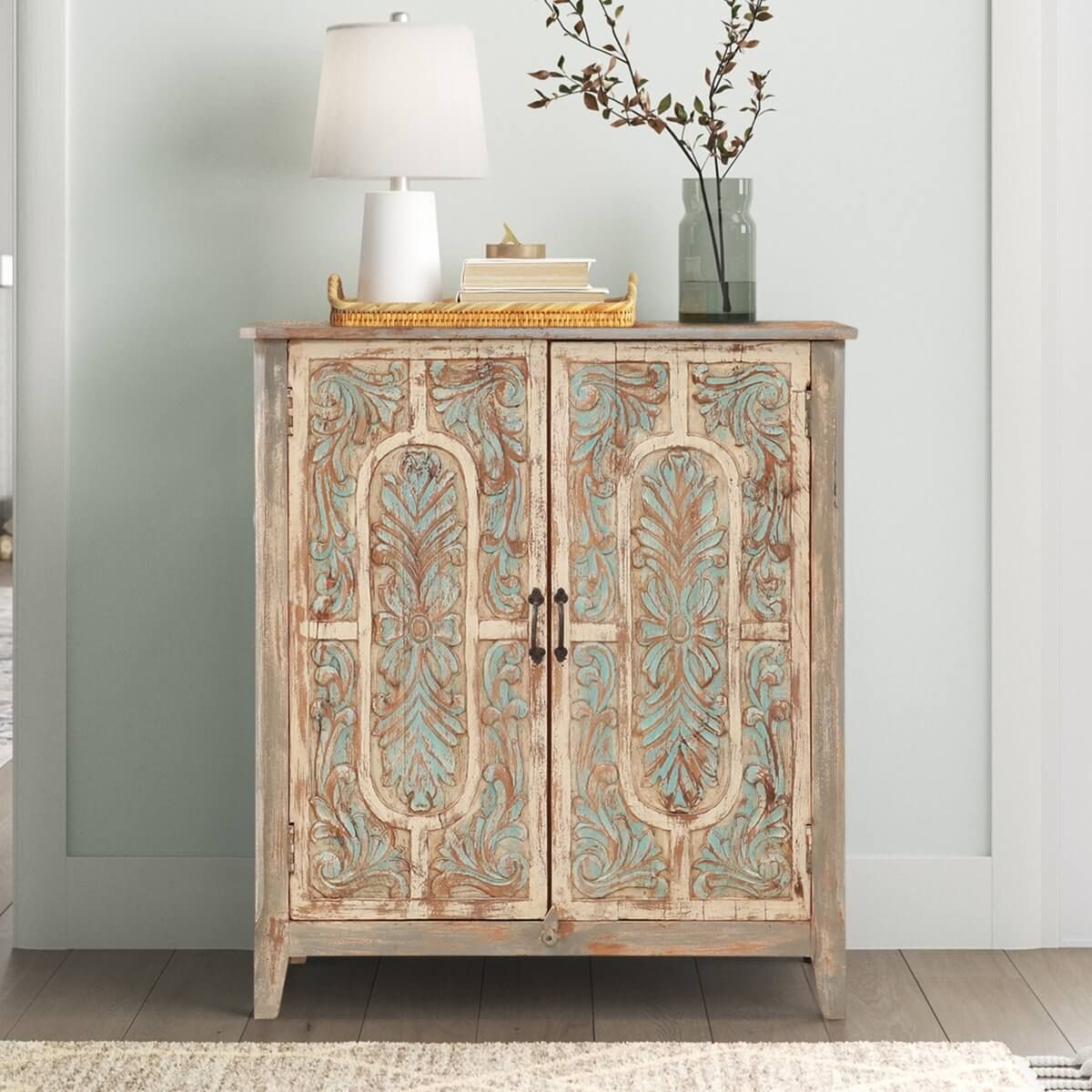 BAYAN Hand Carved Double Door Storage Cabinet – handcrafted solid wood furniture