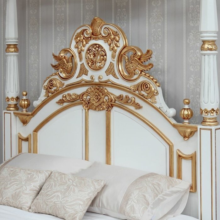 Crown Solid Mango Wood Antique White/Gold Poster Canopy Bed – handcrafted solid wood furniture