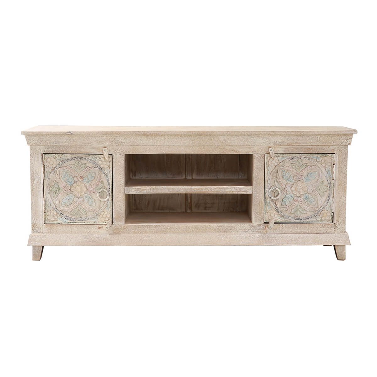 EVA Hand - carved Solid Wood White Distressed TV Media Stand – handcrafted solid wood furniture