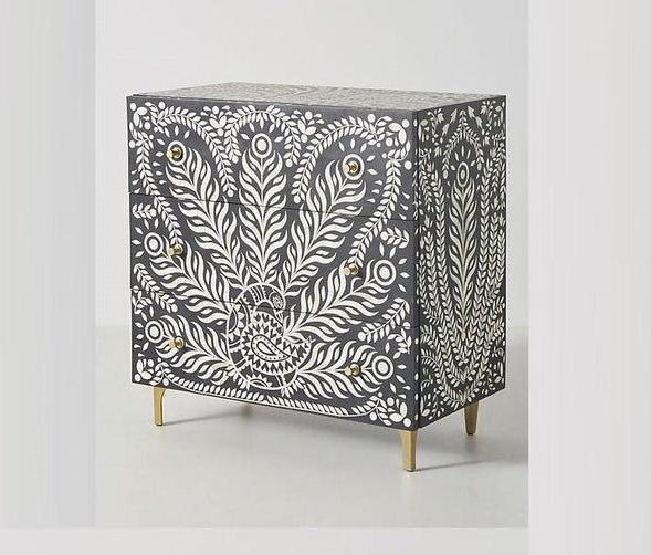 Hamad Peacock Design Bone Inlay Three Drawer Dresser Black – handcrafted solid wood furniture