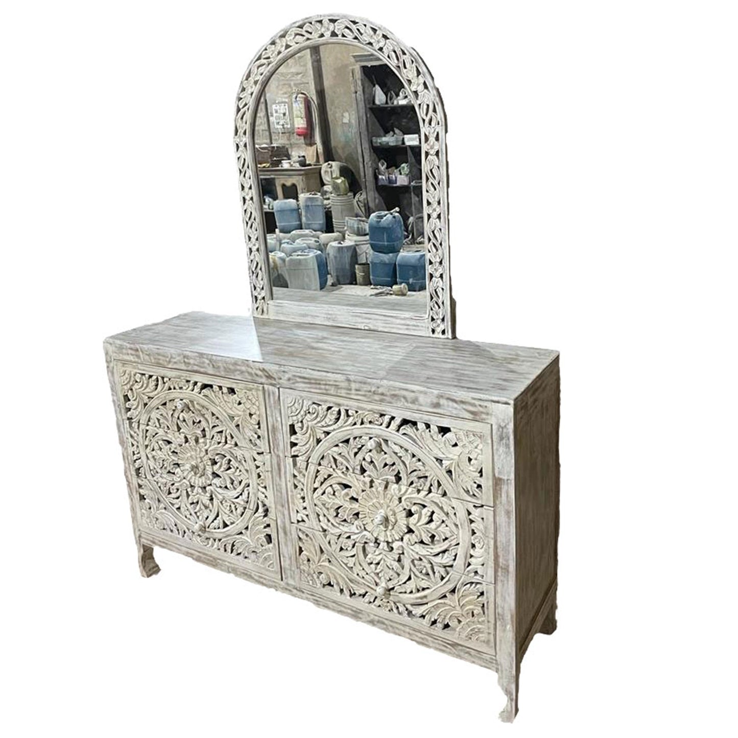Lombok Hand Carved Wooden Six Drawer Dresser With Mirror – handcrafted solid wood furniture