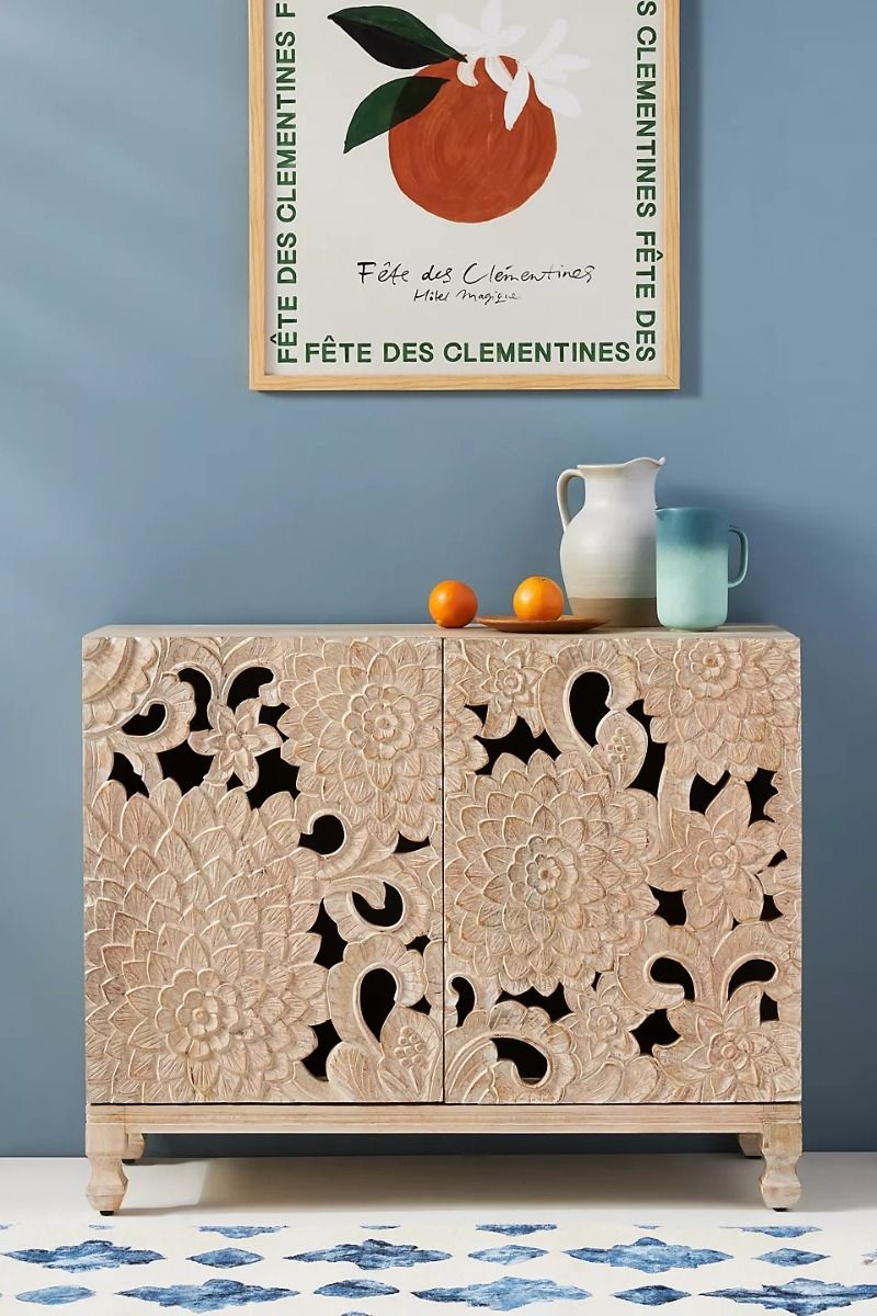 LOTUS Hand carved Entryway Cabinet – handcrafted solid wood furniture