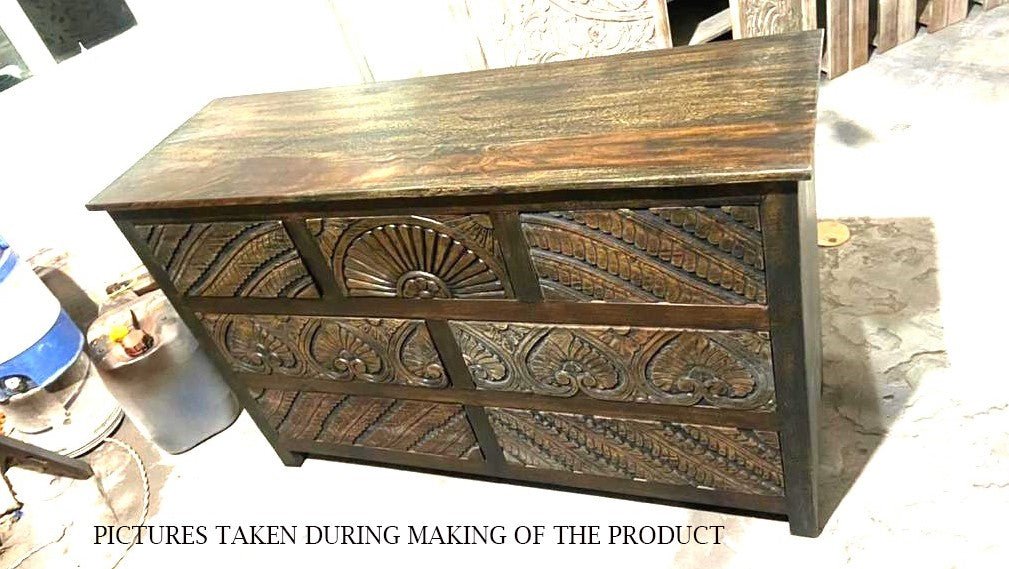 Mughal Garden Indian Hand Carved Reclaimed Wood 7 Drawer Rustic Dresser – handcrafted solid wood furniture