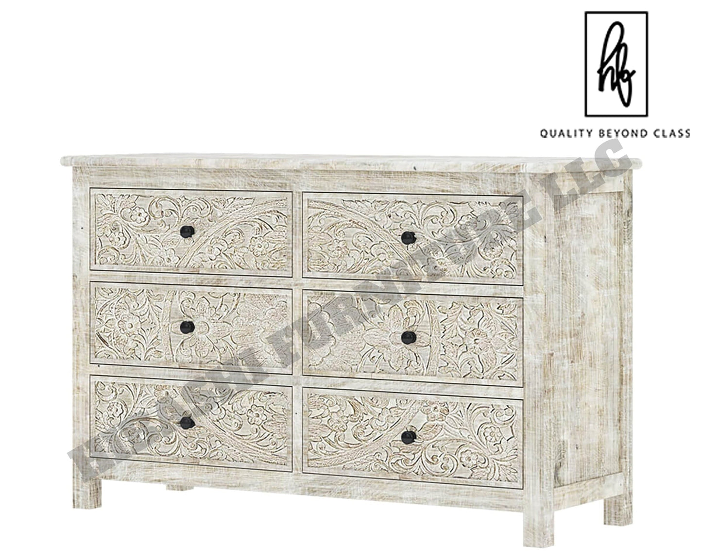 Sunflower Handcarved Solid Wood 6 Drawer White Bedroom Dresser