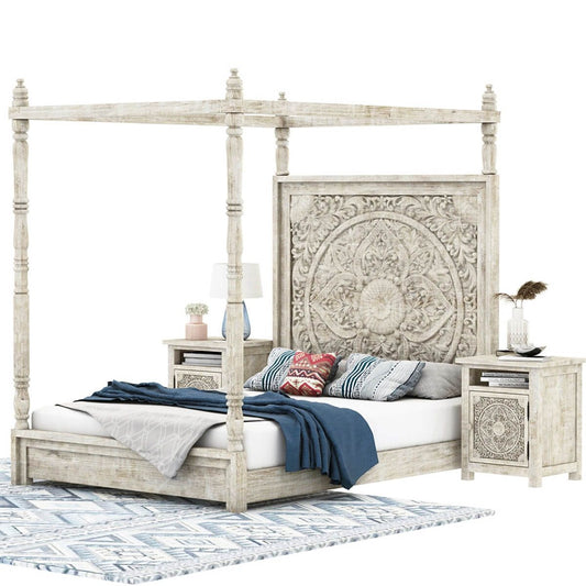 ILANO Weathered Hand-carved Solid Mango Wood Canopy Platform Bed