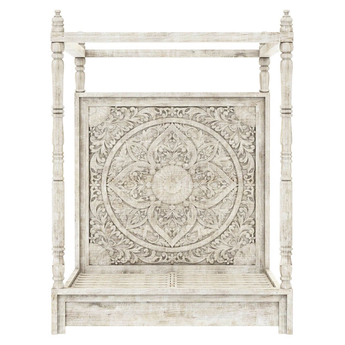 ILANO Weathered Hand-carved Solid Mango Wood Canopy Platform Bed