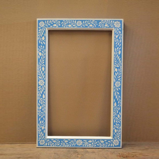 Floral Painted Reclaimed Wood Wall Mirror Frame Blue