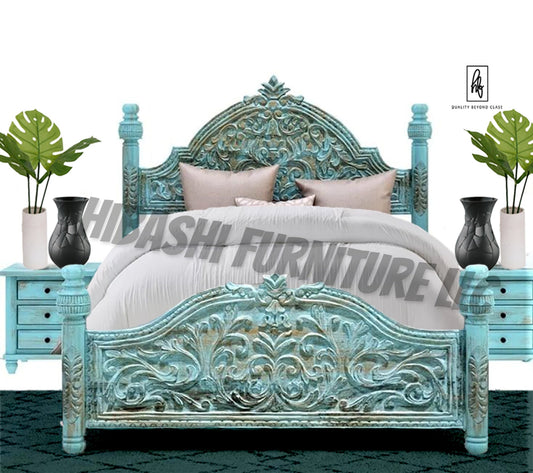 Hand Carved Turquoise Solid Mango Wood Platform Bed Frame