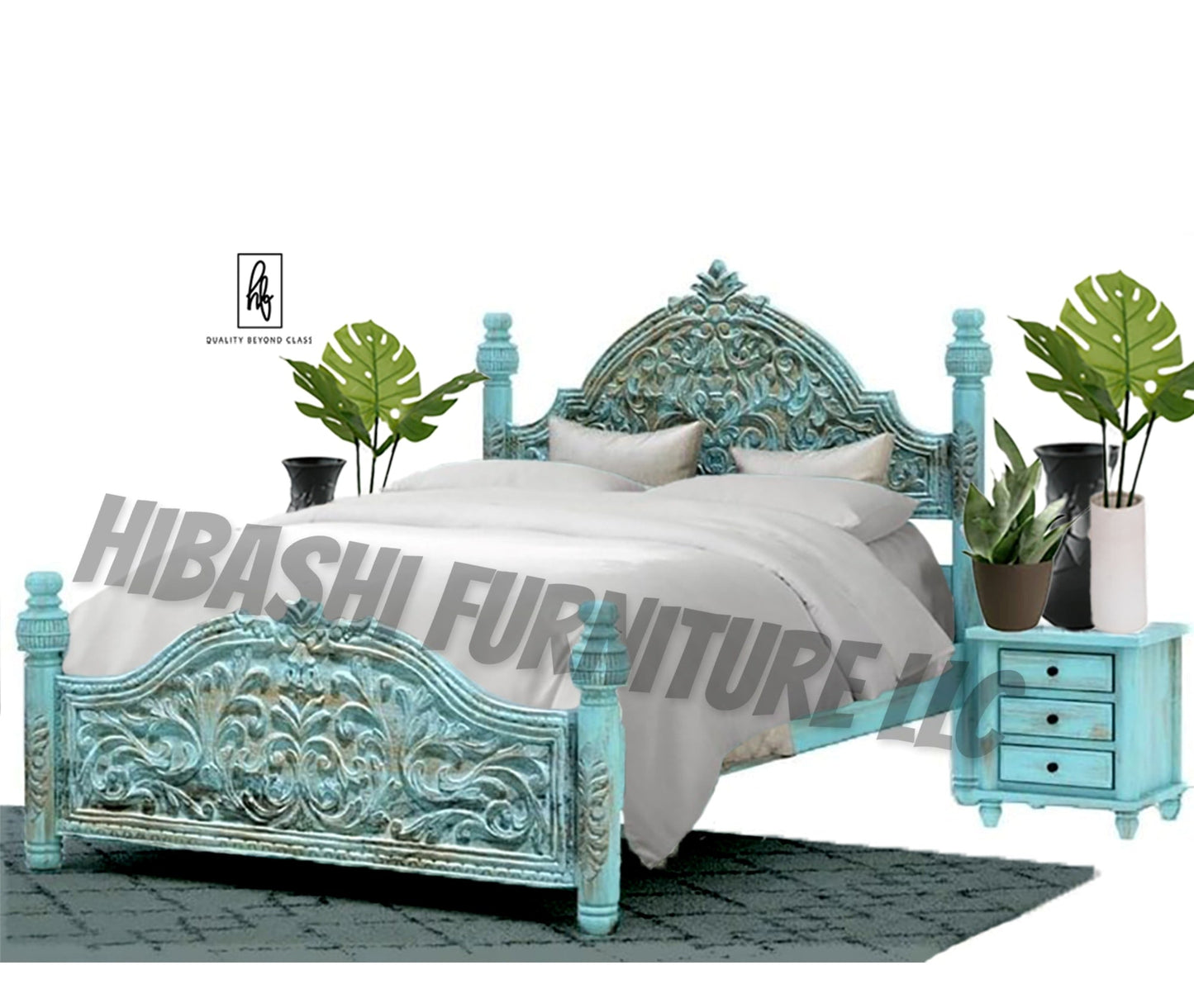 Hand Carved Turquoise Solid Mango Wood Platform Bed Frame