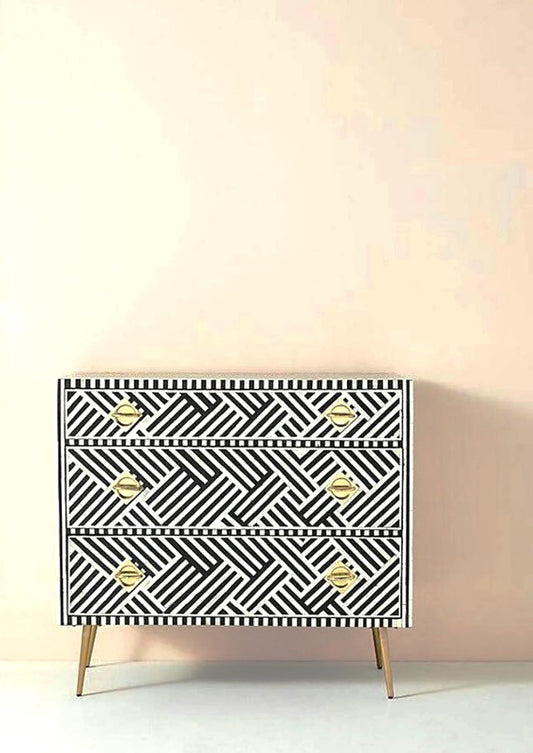 Bone Inlay Handmade 3 Drawer Black and white  Entryway / Bedside