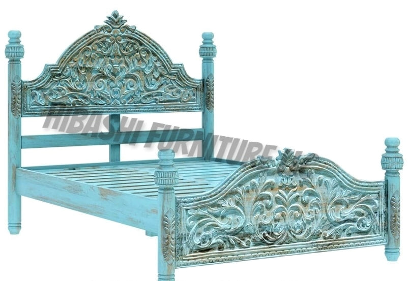 Hand Carved Turquoise Solid Mango Wood Platform Bed Frame