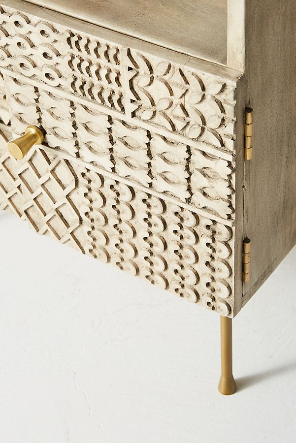 Mango Wood Bedside Table with Carved-Patchwork