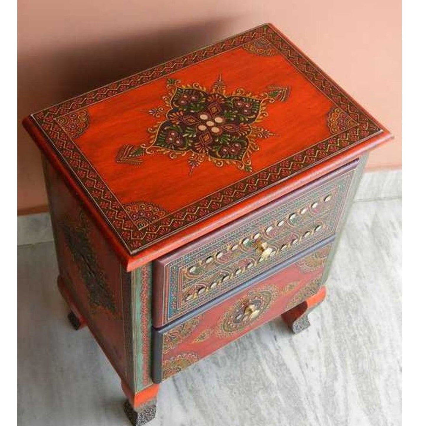 SASI Indian Solid Mango Wooden Hand Carved Bedside cabinet/ Nightstand /Side table