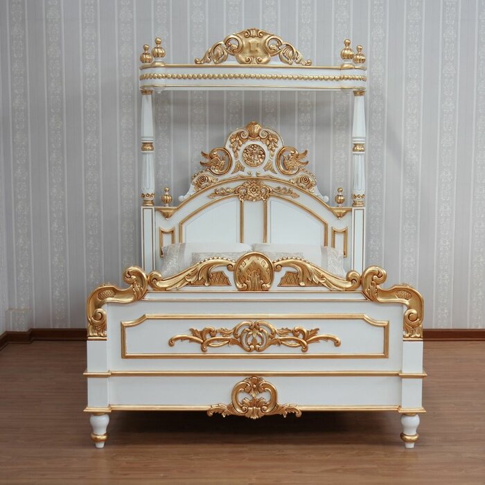 Crown Solid Mango Wood Antique White/Gold Poster Canopy Bed
