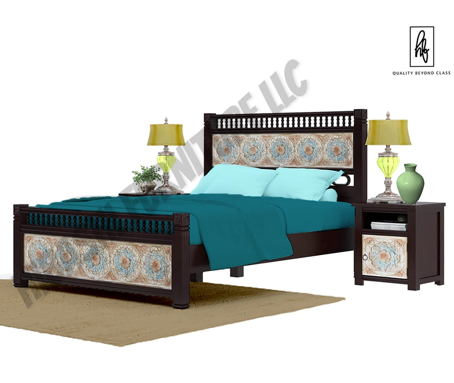 Garden Mango Wood Hand Carved Platform Bed w Foot & Headboard