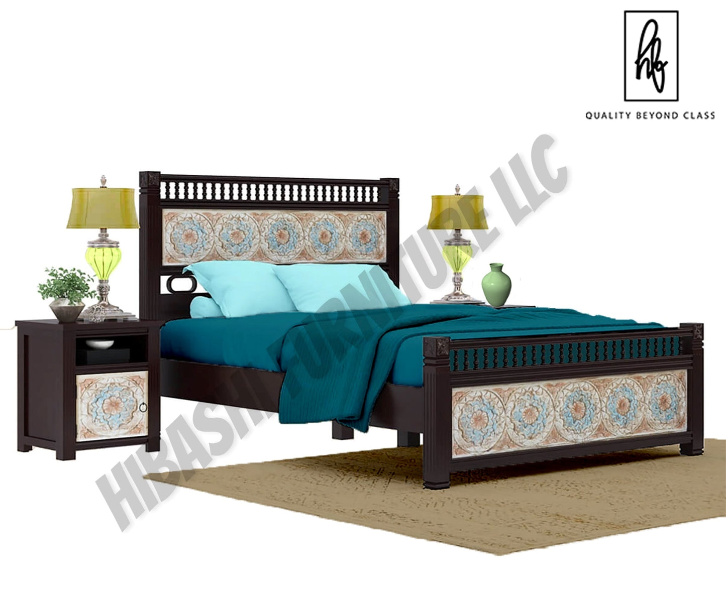 Garden Mango Wood Hand Carved Platform Bed w Foot & Headboard