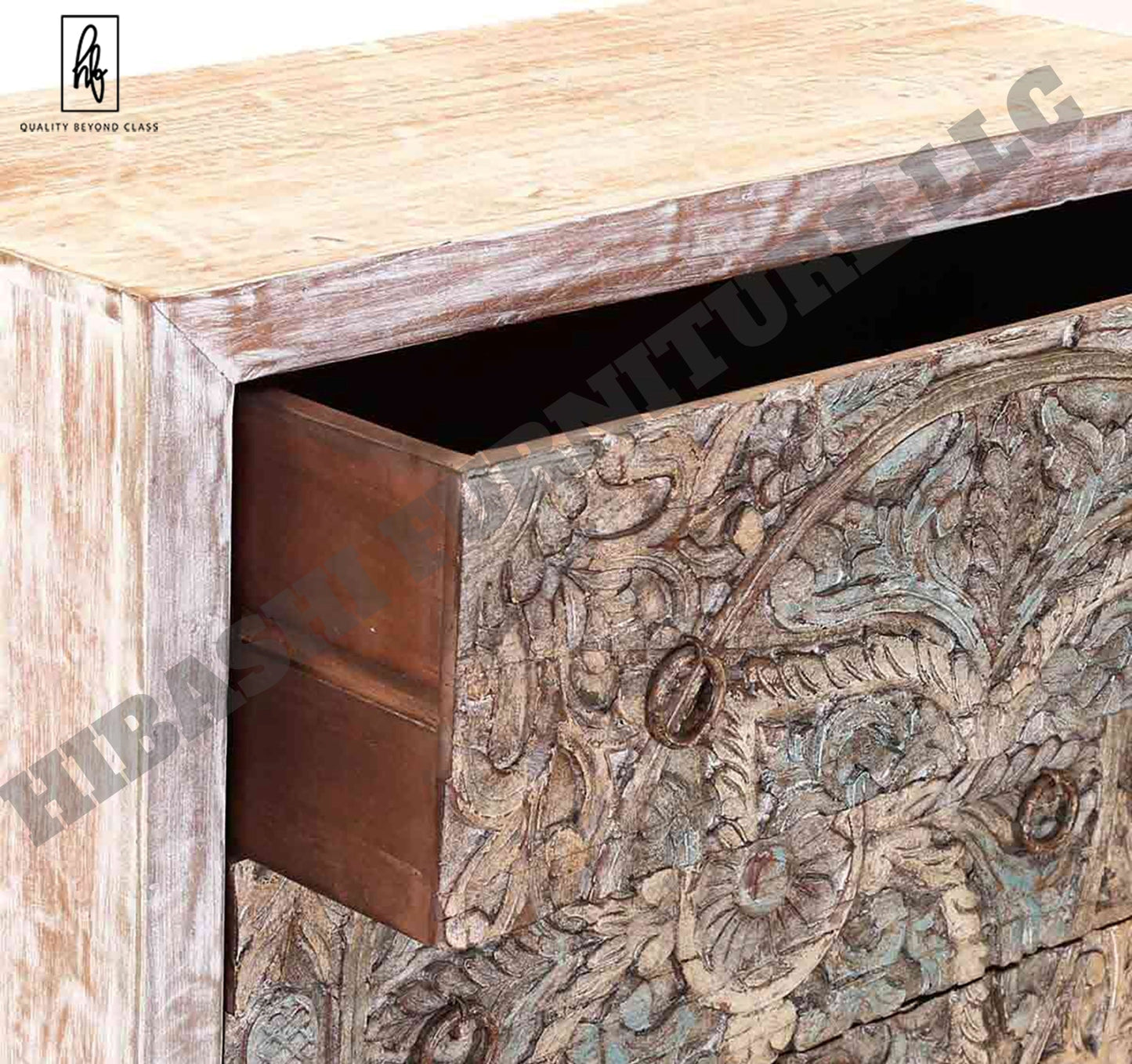 Majestic Floral Hand Carved Mango Wood Small White Dresser with 3 Drawers