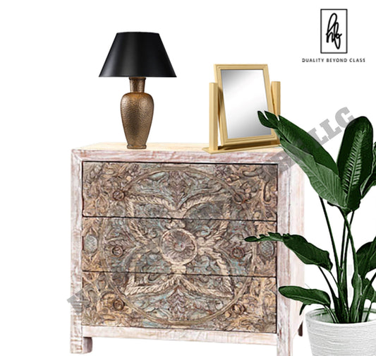 Majestic Floral Hand Carved Mango Wood Small White Dresser with 3 Drawers