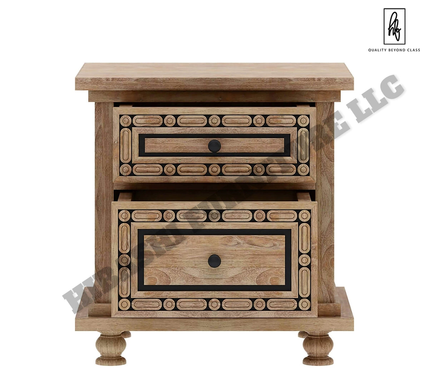 KARINA Hand Carved Solid Wood Nightstand with 2 Drawers