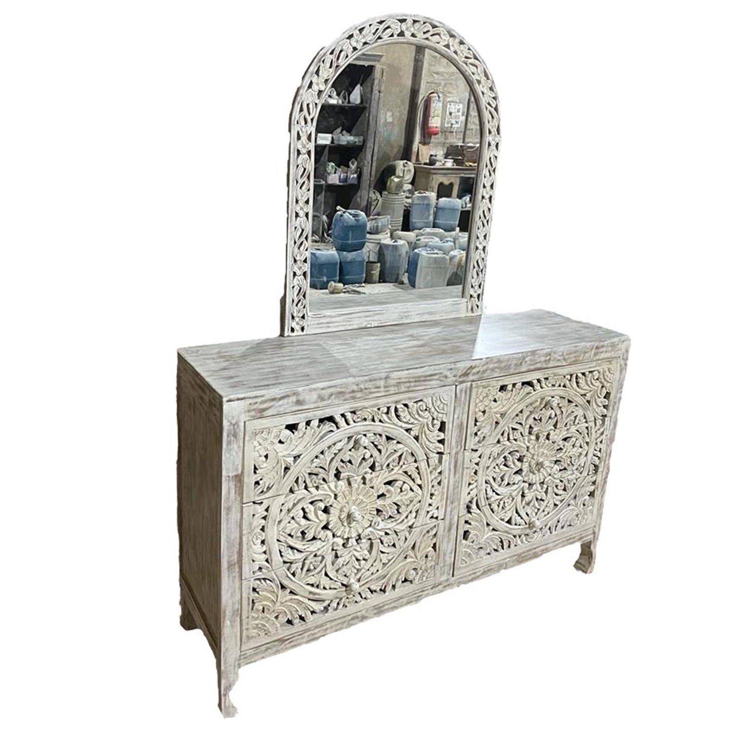 Lombok Hand Carved Wooden Six Drawer Dresser With Mirror
