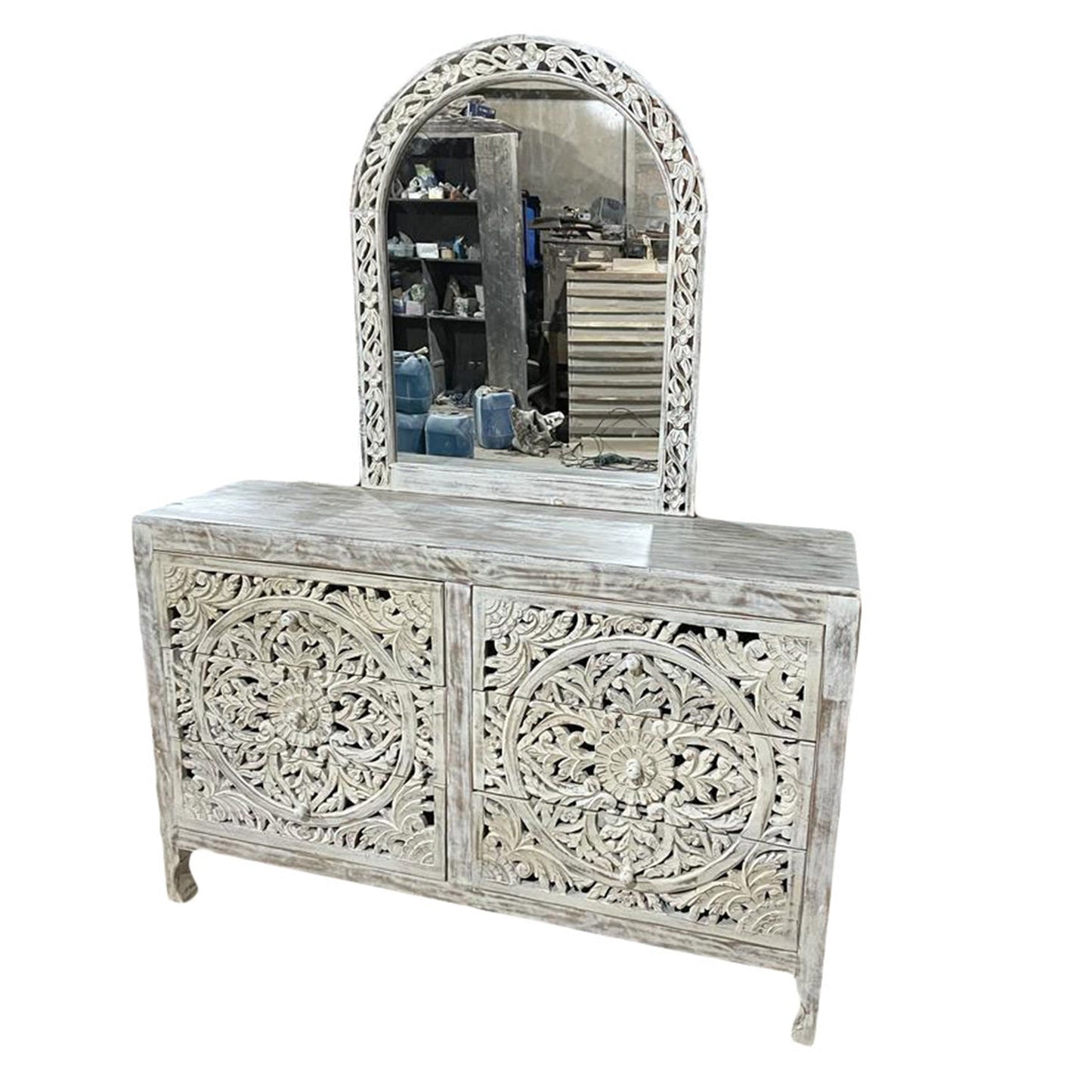Lombok Hand Carved Wooden Six Drawer Dresser With Mirror