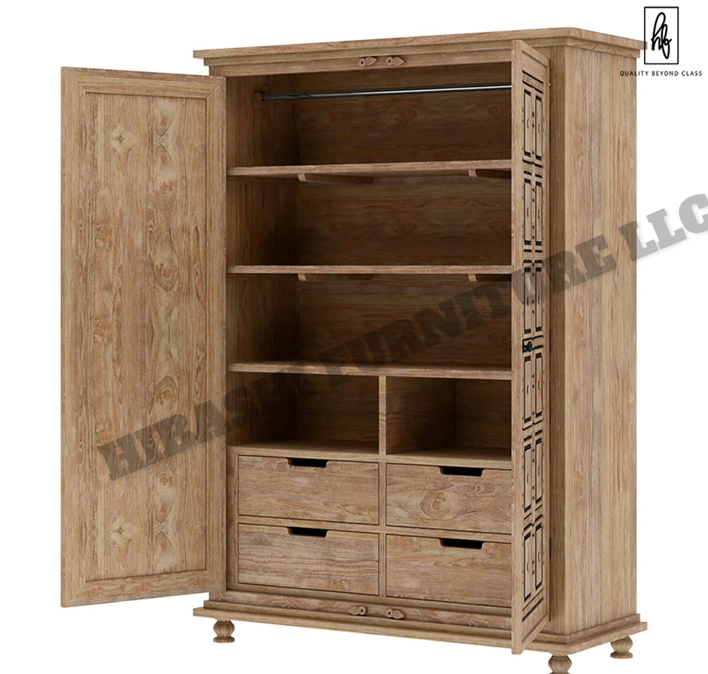 KARINA Traditional Solid Wood Armoire Wardrobe With 4 Drawers