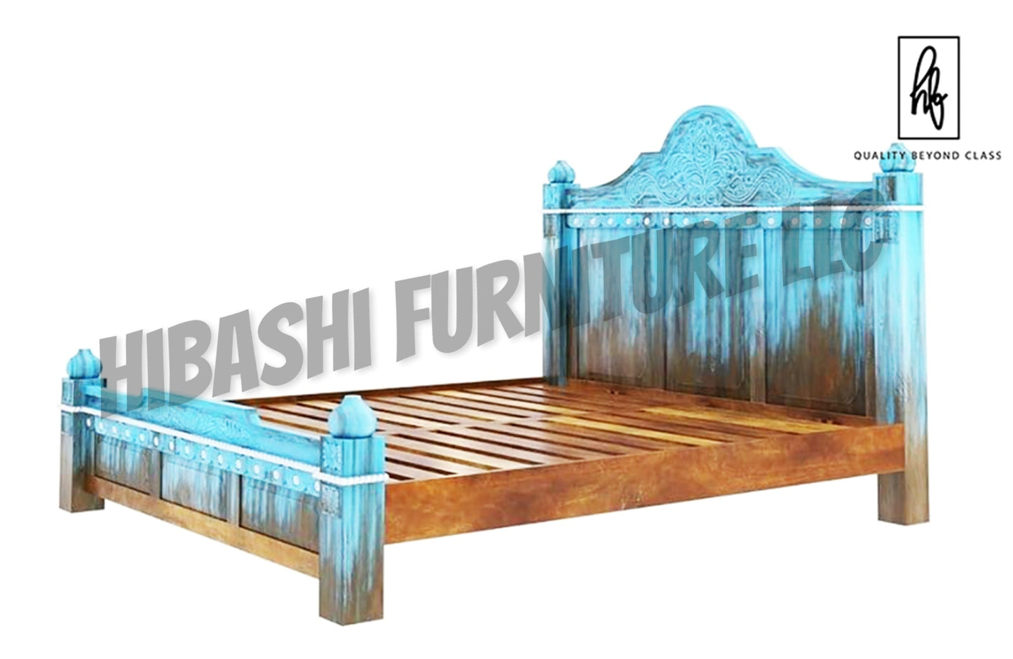 Hand Carved Blue Wash Solid Mango Wood Platform Bed