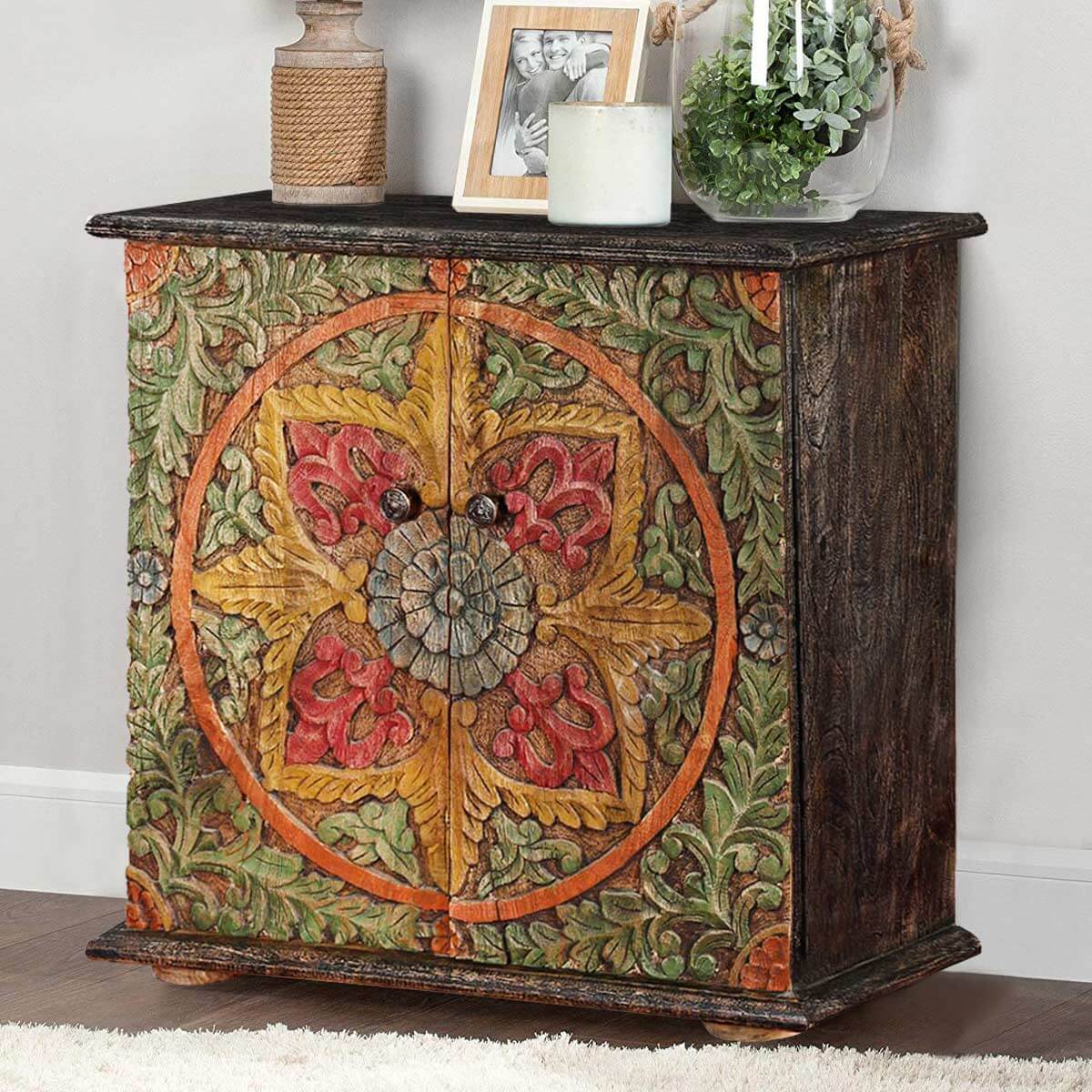 Hamala Hand Carved Distressed Mango Wood Accent Storage Cabinet