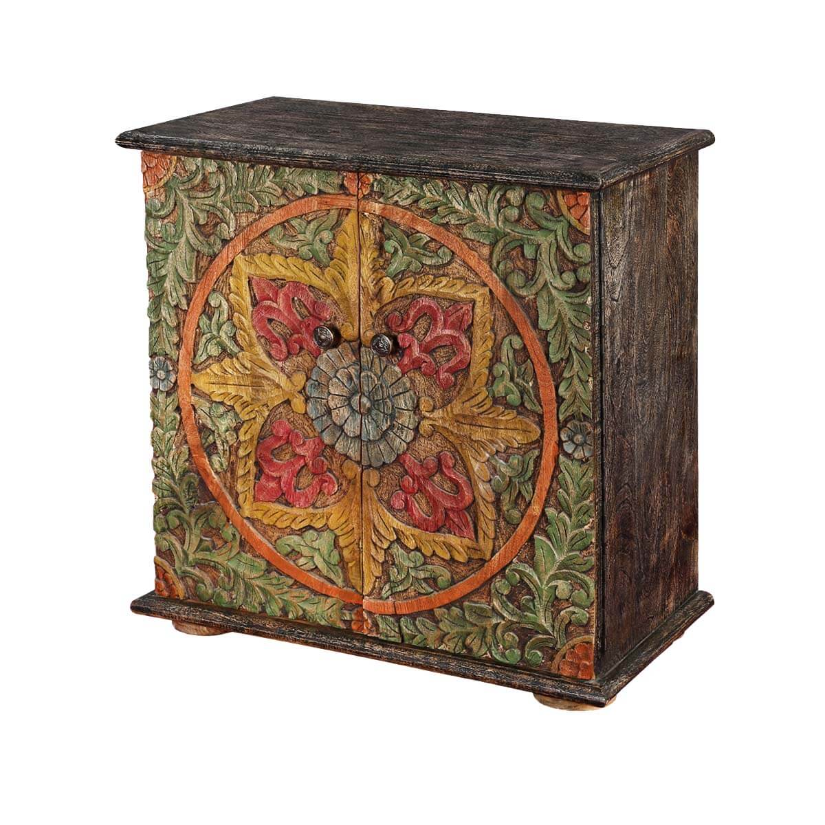 Hamala Hand Carved Distressed Mango Wood Accent Storage Cabinet