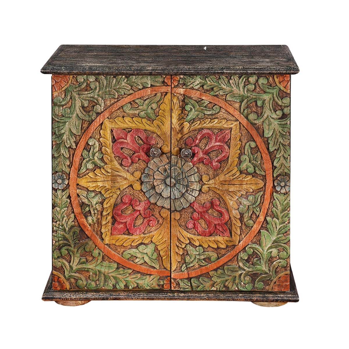 Hamala Hand Carved Distressed Mango Wood Accent Storage Cabinet