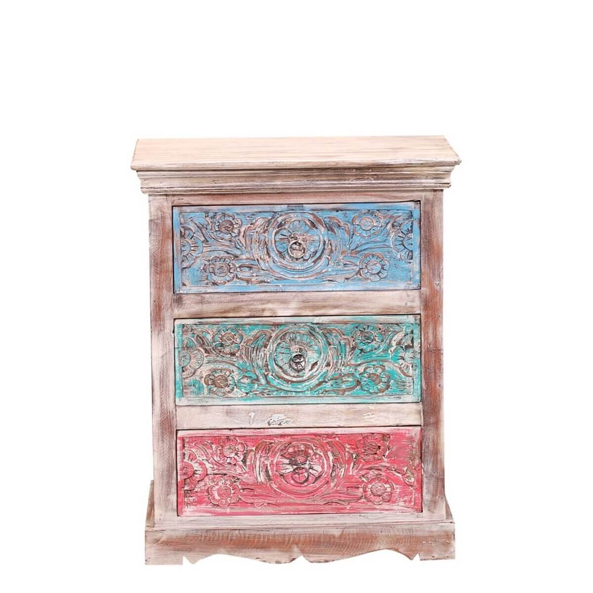 Alamance Hand carved Reclaimed Wood 3 Drawer Nightstand