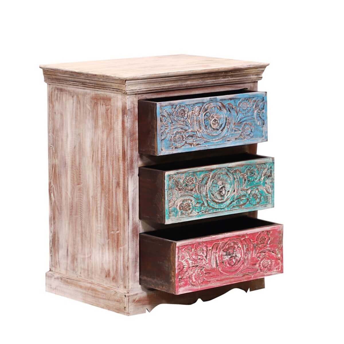Alamance Hand carved Reclaimed Wood 3 Drawer Nightstand