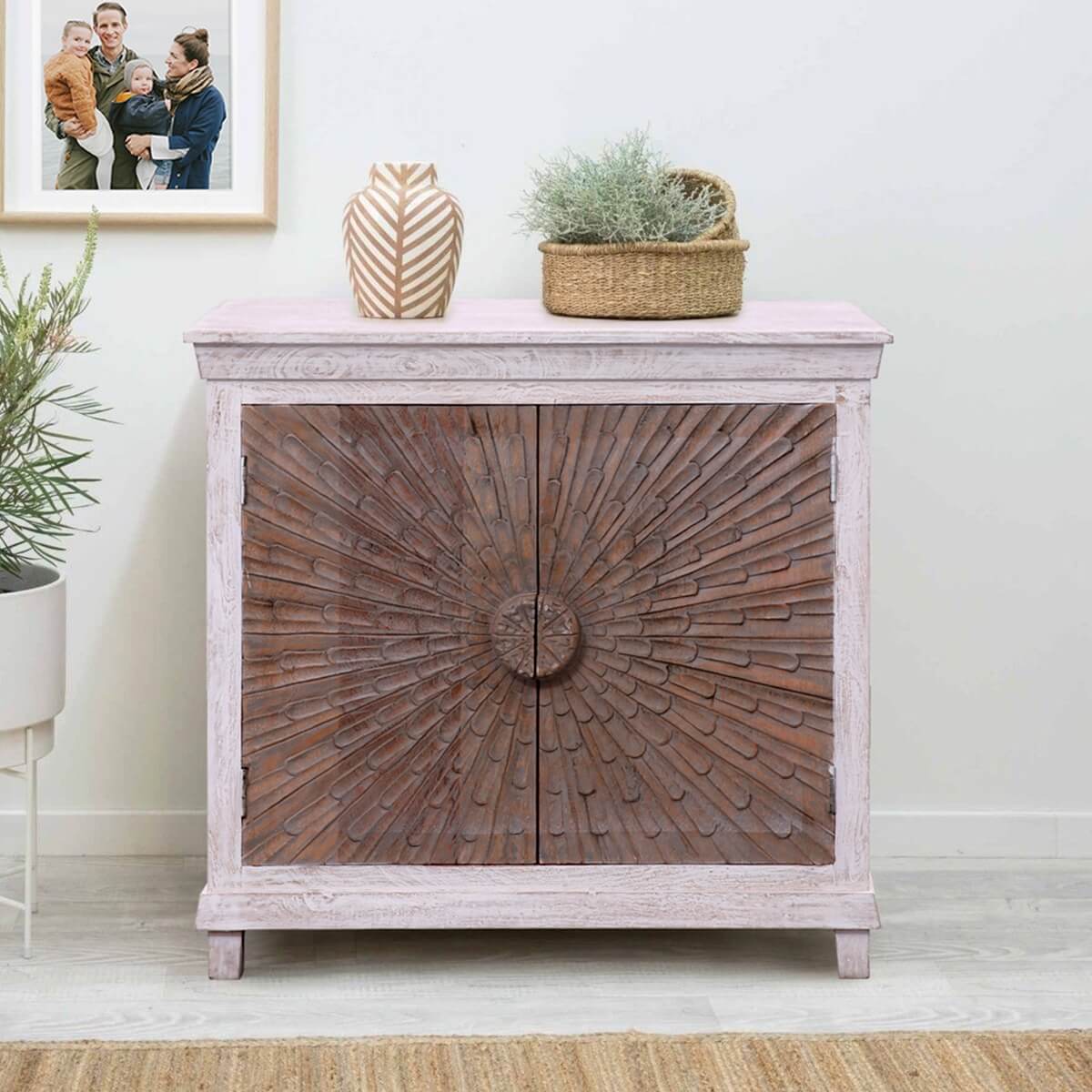 Adliya Sunburst Hand Carved Two Tone Solid Wood Storage Cabinet