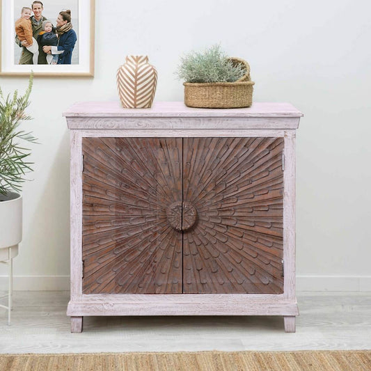 Adliya Sunburst Hand Carved Two Tone Solid Wood Storage Cabinet