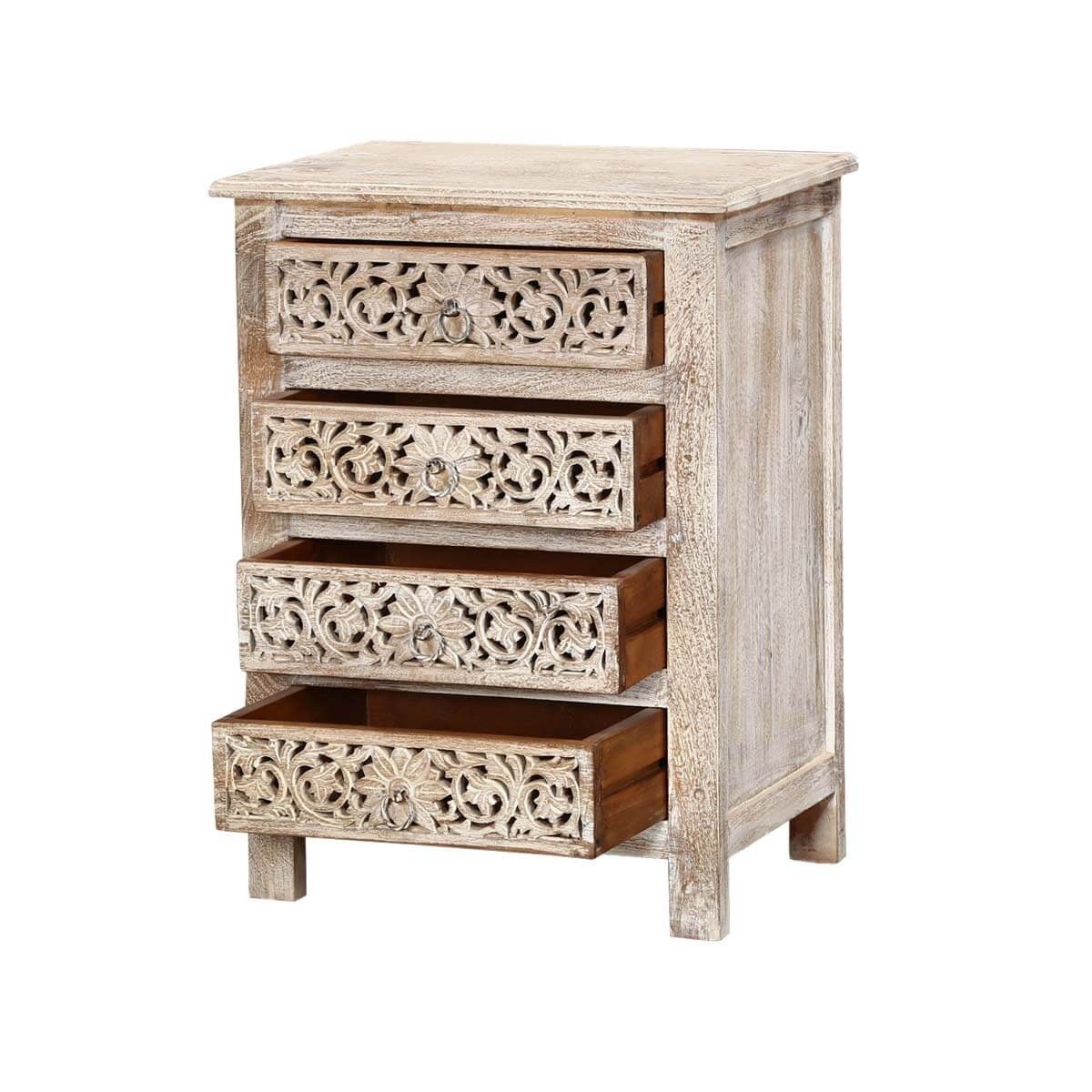 Hibashi Antique Hand Carved Bedside Table Whitewash