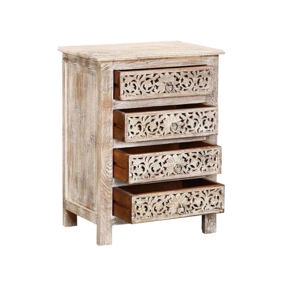 Hibashi Antique Hand Carved Bedside Table Whitewash