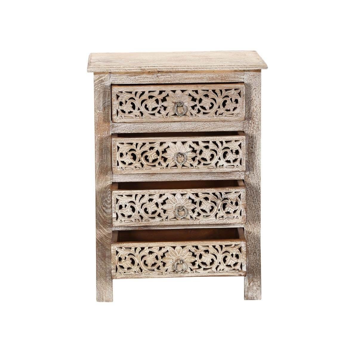 Hibashi Antique Hand Carved Bedside Table Whitewash