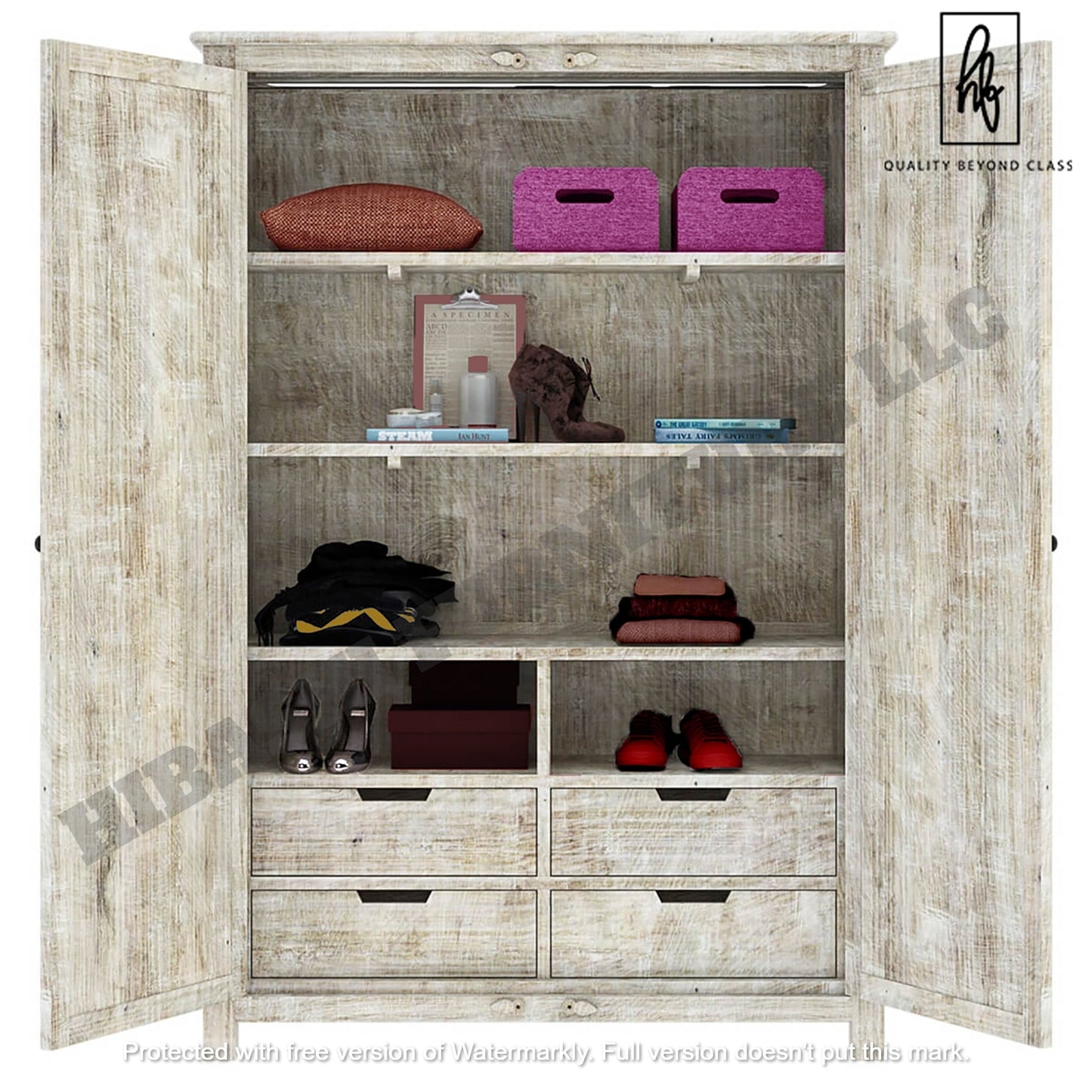 Sunflower Hand carved Solid Wood Large White Wardrobe Armoire