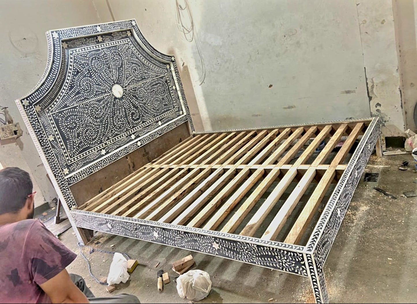 Handmade Bone inlay Bed Durable Mango Wood Frame