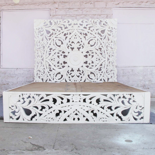 Amani Hand Carved Indian Solid wooden bed frame White