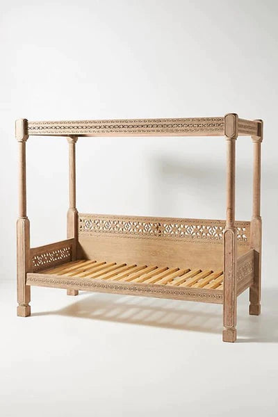 Hand Carved Canopy Style Solid Wooden Daybed / Out Door Seating/ Hand Made Daybed