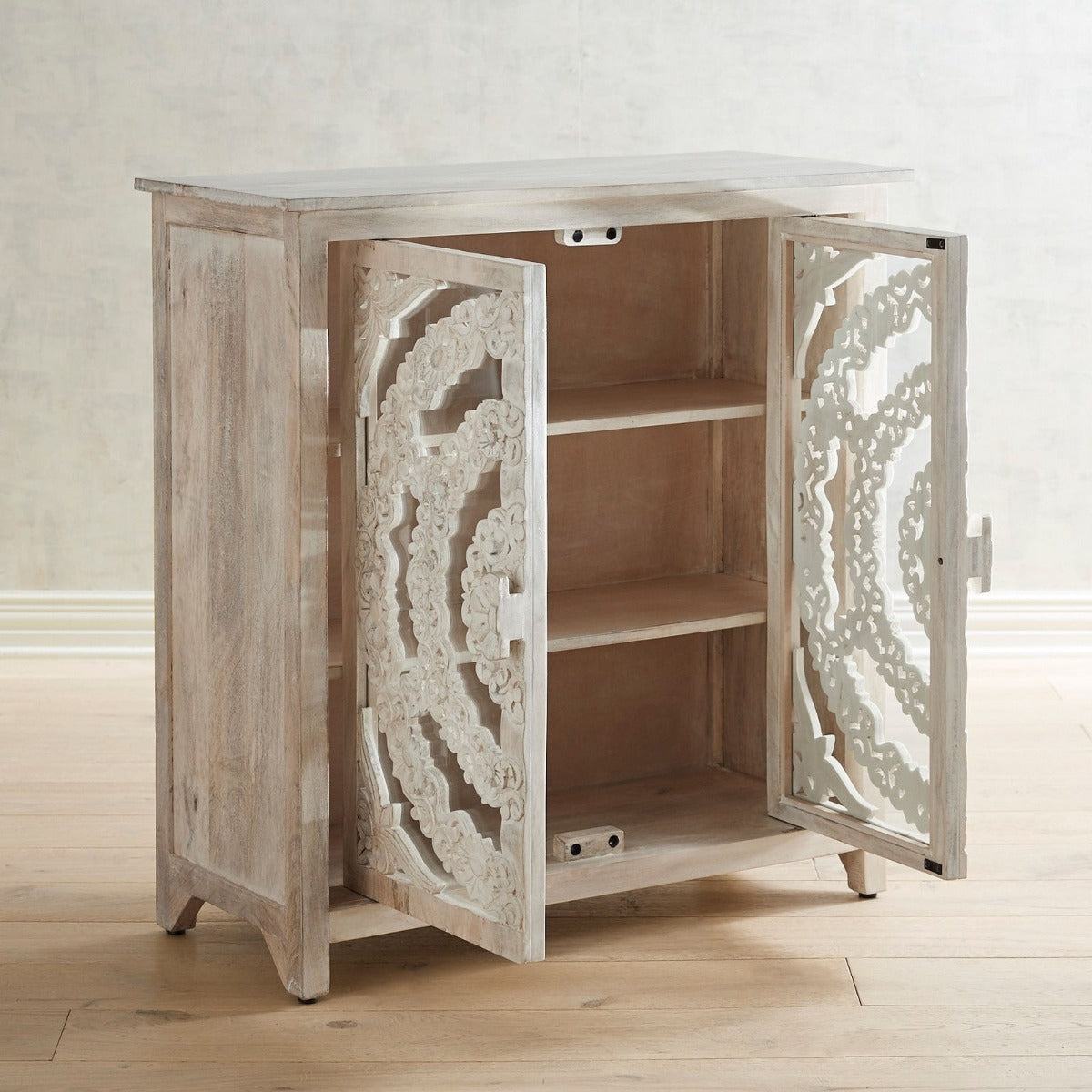 French Arched Floral Carved Glass Door Sideboard
