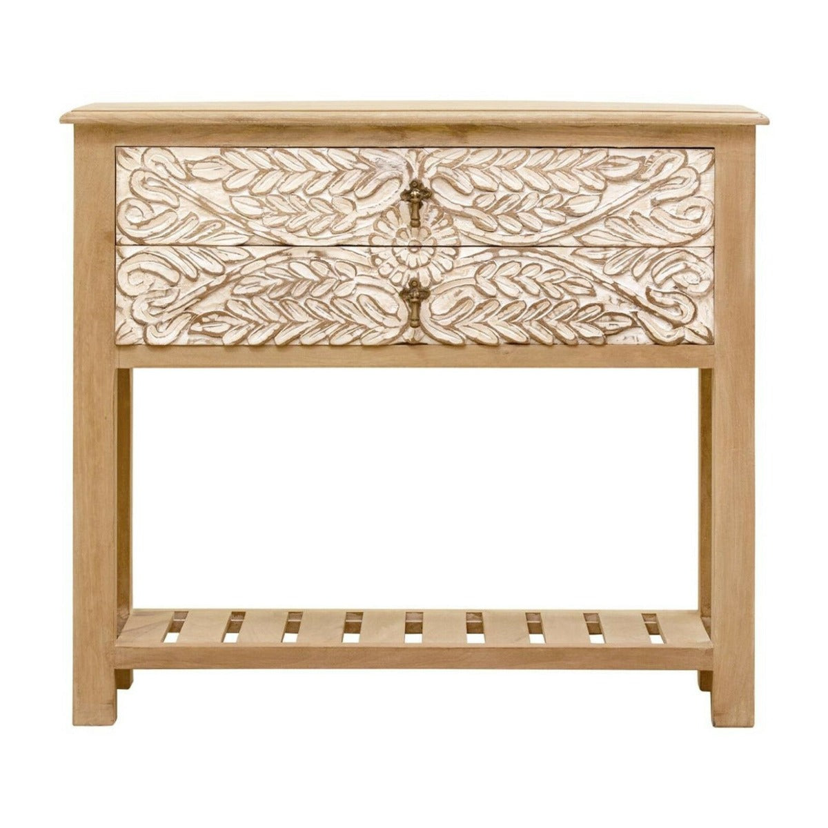Floral Accent Hand Carved Solid Wood 2 Drawers Hall Side Table